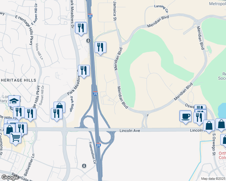 map of restaurants, bars, coffee shops, grocery stores, and more near 9777 Pyramid Court in Englewood