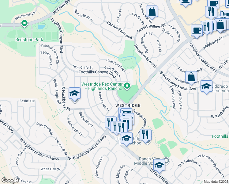 map of restaurants, bars, coffee shops, grocery stores, and more near 9624 South Castle Ridge Circle in Littleton