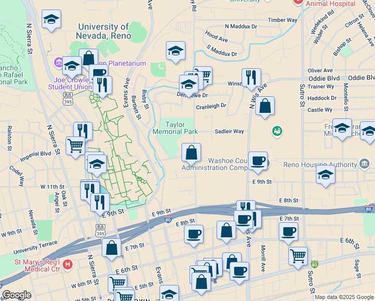 map of restaurants, bars, coffee shops, grocery stores, and more near 1205 Valley Road in Reno