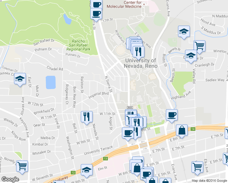 map of restaurants, bars, coffee shops, grocery stores, and more near 1250 North Sierra Street in Reno
