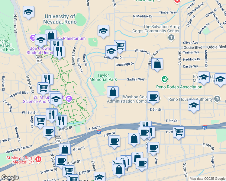 map of restaurants, bars, coffee shops, grocery stores, and more near 498 Highland Avenue in Reno
