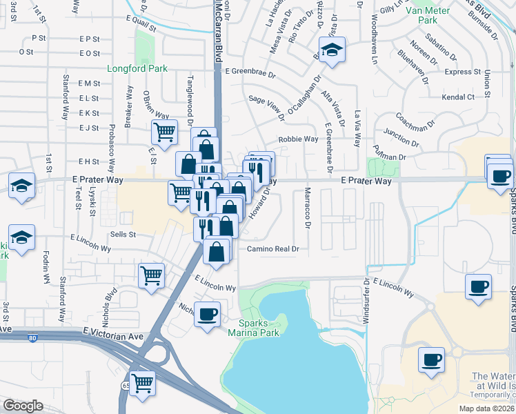 map of restaurants, bars, coffee shops, grocery stores, and more near 530 Howard Drive in Sparks
