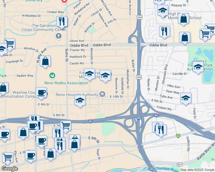 map of restaurants, bars, coffee shops, grocery stores, and more near 1700 Carville Drive in Reno