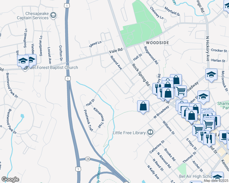 map of restaurants, bars, coffee shops, grocery stores, and more near 603 Mapleview Drive in Bel Air