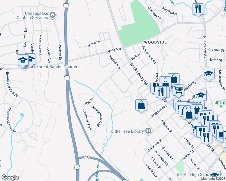 map of restaurants, bars, coffee shops, grocery stores, and more near 603 Mapleview Drive in Bel Air