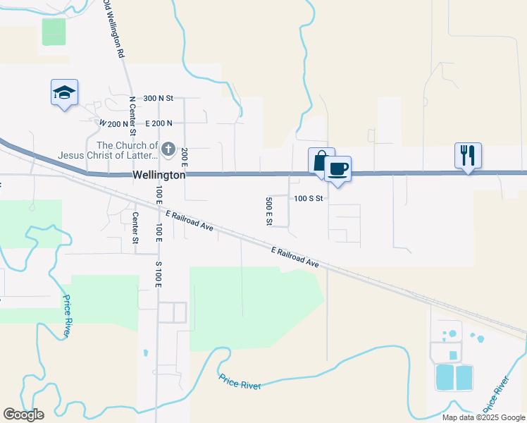 map of restaurants, bars, coffee shops, grocery stores, and more near 150 South 500 East in Wellington