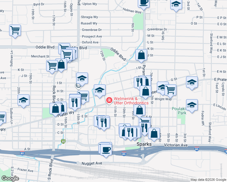 map of restaurants, bars, coffee shops, grocery stores, and more near 1069 Prater Way in Sparks