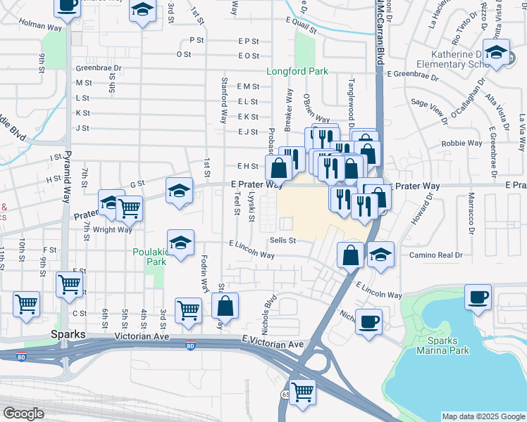map of restaurants, bars, coffee shops, grocery stores, and more near 113 East Prater Way in Sparks