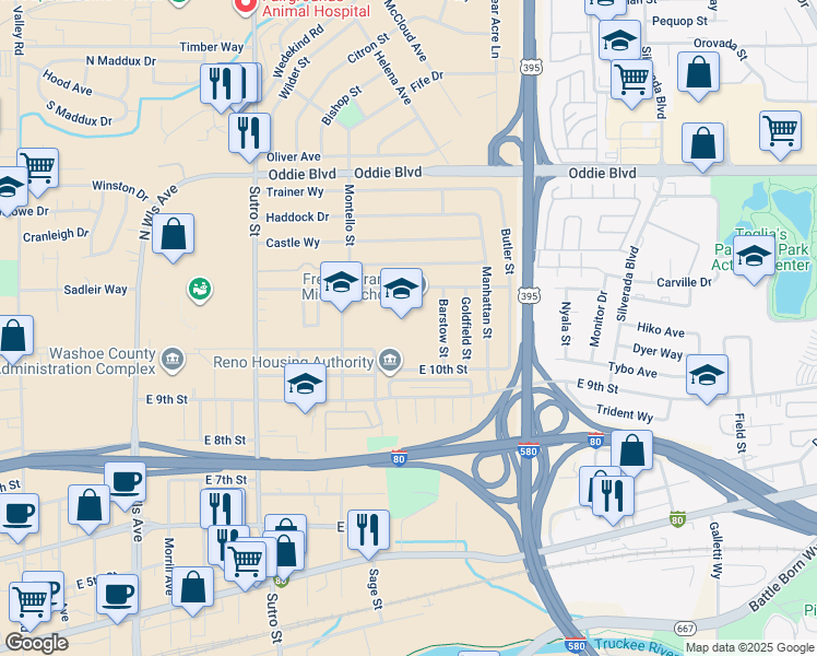 map of restaurants, bars, coffee shops, grocery stores, and more near 1959 East 10th Street in Reno