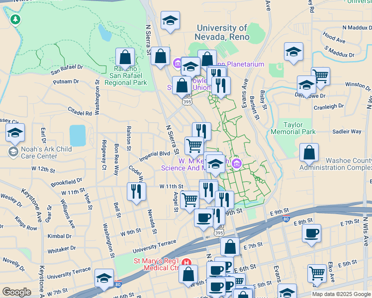 map of restaurants, bars, coffee shops, grocery stores, and more near 1250 North Sierra Street in Reno