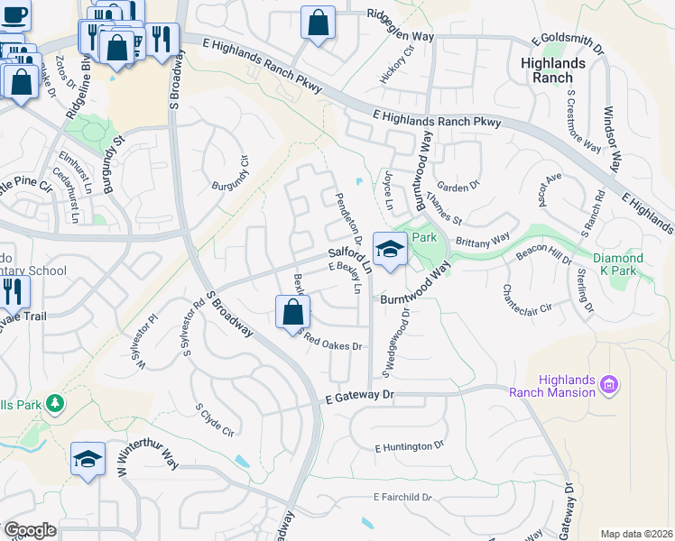 map of restaurants, bars, coffee shops, grocery stores, and more near 510 East Bexley Lane in Littleton