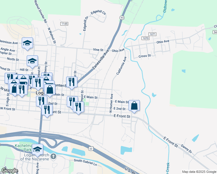 map of restaurants, bars, coffee shops, grocery stores, and more near 656 East Main Street in Logan