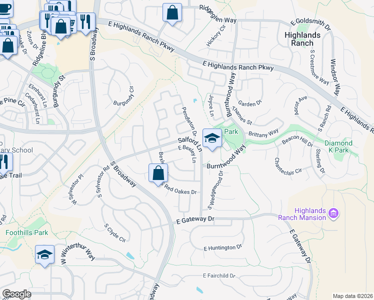 map of restaurants, bars, coffee shops, grocery stores, and more near 510 East Bexley Lane in Littleton