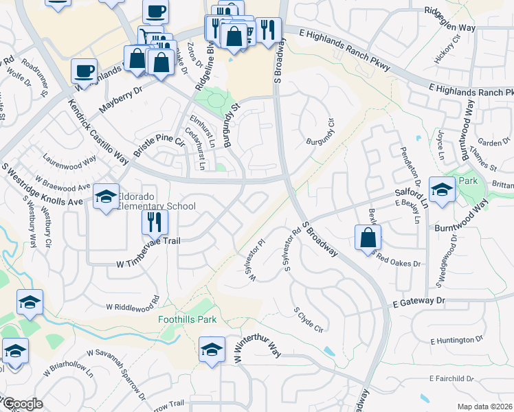 map of restaurants, bars, coffee shops, grocery stores, and more near 173 Sylvestor Place in Littleton