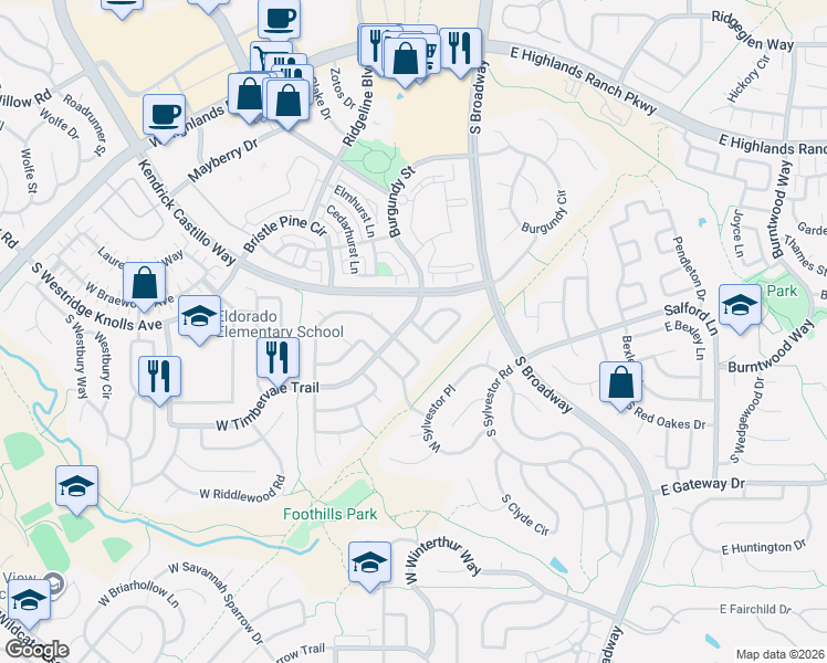map of restaurants, bars, coffee shops, grocery stores, and more near 9661 Burberry Way in Littleton