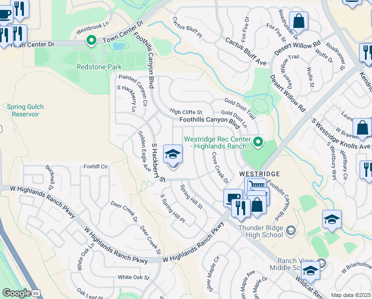 map of restaurants, bars, coffee shops, grocery stores, and more near 9832 South Castle Ridge Circle in Littleton