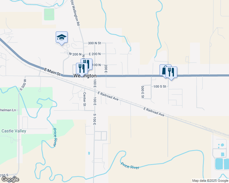 map of restaurants, bars, coffee shops, grocery stores, and more near 280 East 100 South in Wellington