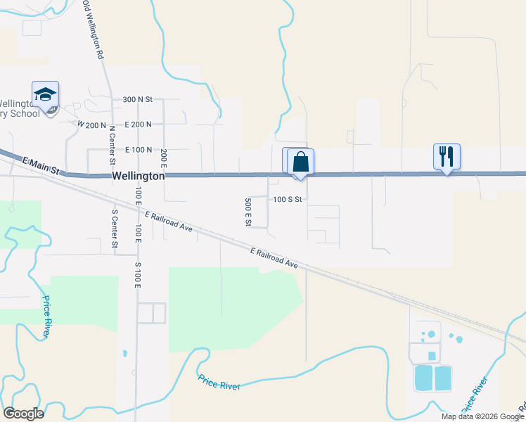 map of restaurants, bars, coffee shops, grocery stores, and more near 140 South 600 East Street in Wellington