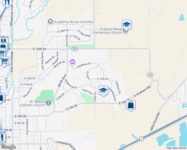 map of restaurants, bars, coffee shops, grocery stores, and more near 1257-1263 Fir Avenue in Rifle