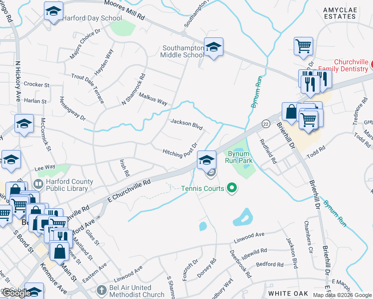 map of restaurants, bars, coffee shops, grocery stores, and more near 215 Hitching Post Drive in Bel Air