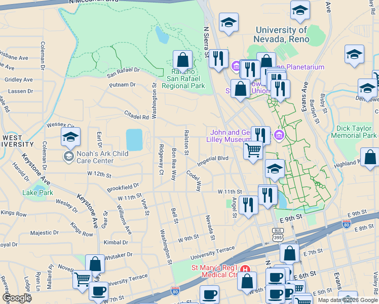 map of restaurants, bars, coffee shops, grocery stores, and more near 1369 Faland Way in Reno