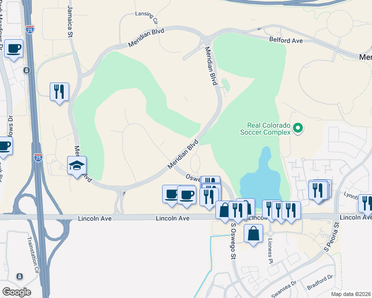 map of restaurants, bars, coffee shops, grocery stores, and more near Meridian Boulevard in Meridian