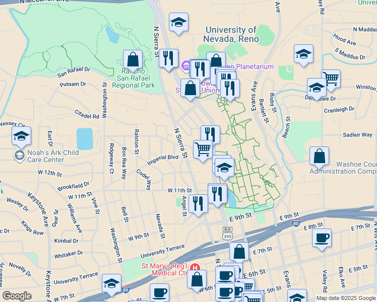 map of restaurants, bars, coffee shops, grocery stores, and more near 1412 North Sierra Street in Reno
