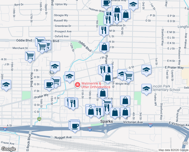 map of restaurants, bars, coffee shops, grocery stores, and more near 875 G Street in Sparks