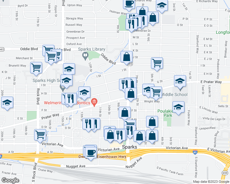 map of restaurants, bars, coffee shops, grocery stores, and more near 875 G. Street in Sparks