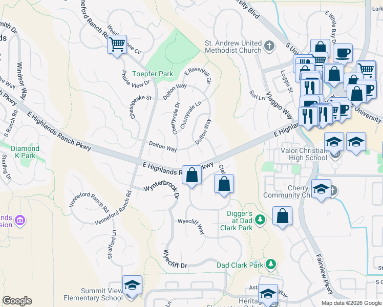 map of restaurants, bars, coffee shops, grocery stores, and more near 9629 Bellmore Lane in Littleton