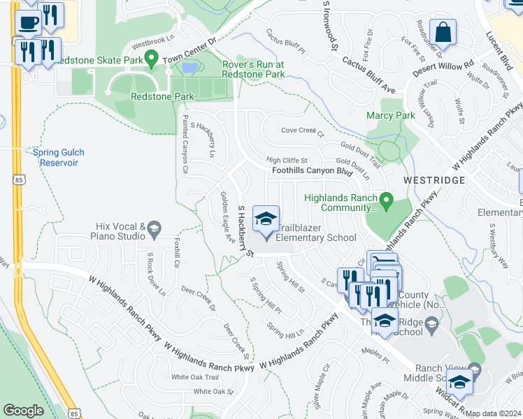 map of restaurants, bars, coffee shops, grocery stores, and more near 9665 Moss Rose Circle in Littleton