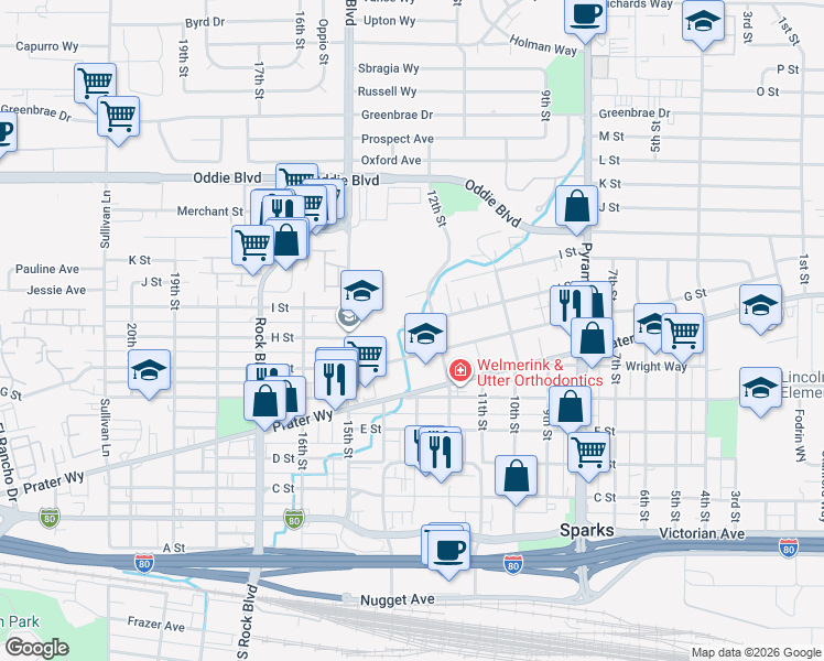 map of restaurants, bars, coffee shops, grocery stores, and more near 1330 I Street in Sparks