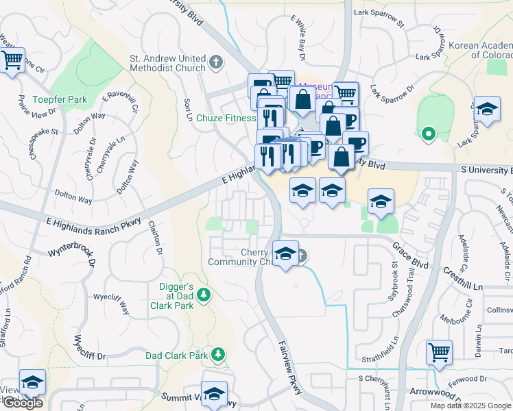 map of restaurants, bars, coffee shops, grocery stores, and more near 3309 Weybridge Street in Highlands Ranch