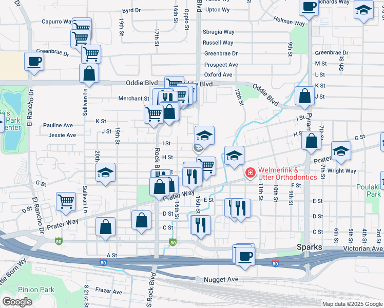 map of restaurants, bars, coffee shops, grocery stores, and more near 1541 I Street in Sparks