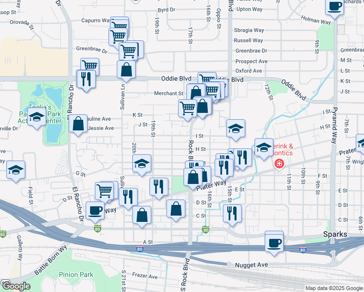 map of restaurants, bars, coffee shops, grocery stores, and more near 1729 I Street in Sparks