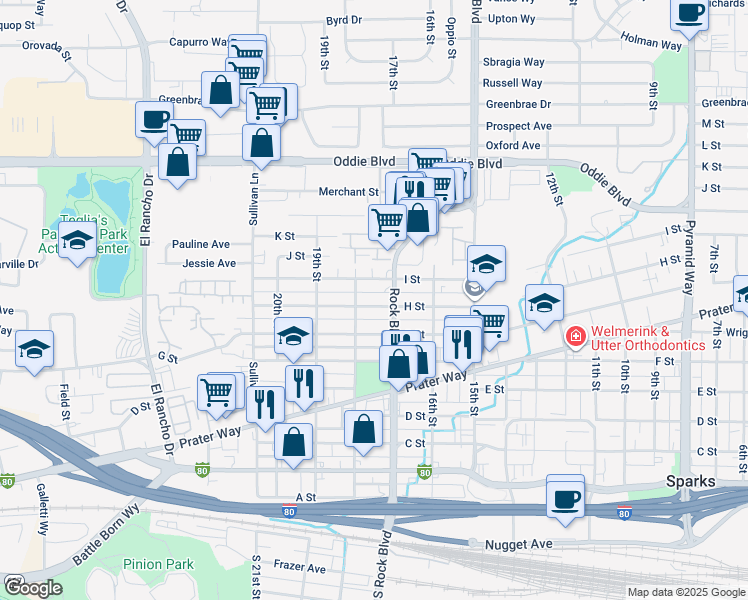 map of restaurants, bars, coffee shops, grocery stores, and more near 1729 I Street in Sparks