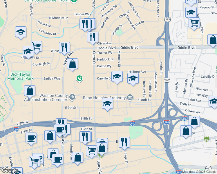 map of restaurants, bars, coffee shops, grocery stores, and more near 1250 Arnold Drive in Reno
