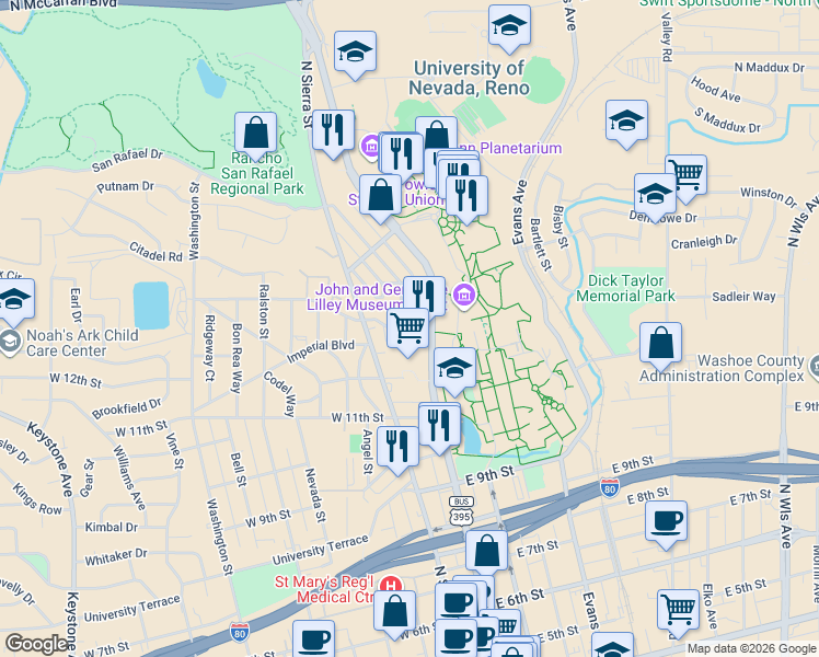 map of restaurants, bars, coffee shops, grocery stores, and more near 1341 Hillside Drive in Reno