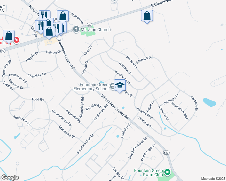 map of restaurants, bars, coffee shops, grocery stores, and more near 517 South Fountain Green Road in Bel Air