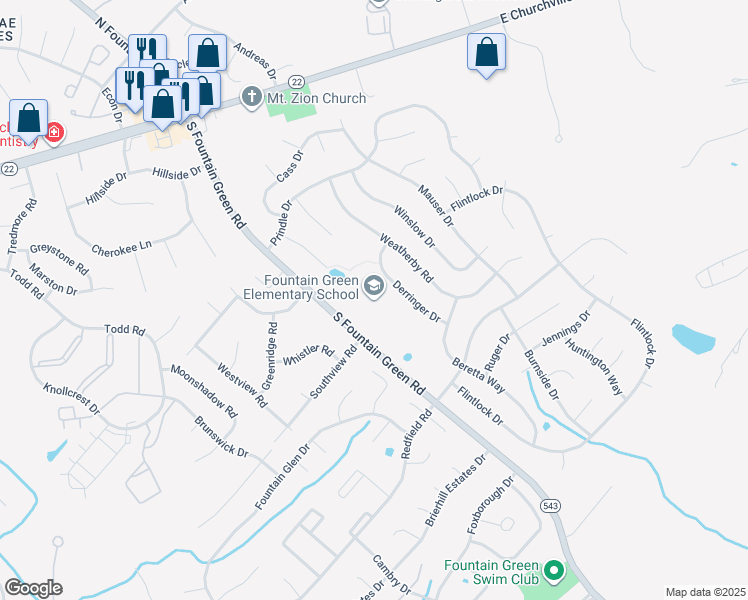 map of restaurants, bars, coffee shops, grocery stores, and more near 517 South Fountain Green Road in Bel Air