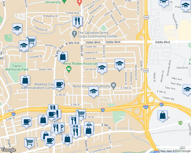 map of restaurants, bars, coffee shops, grocery stores, and more near 1137 Arnold Drive in Reno