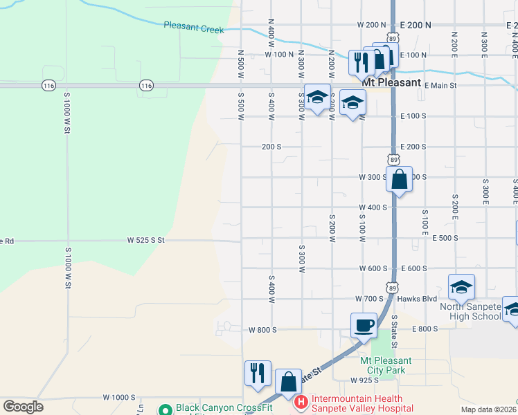 map of restaurants, bars, coffee shops, grocery stores, and more near 360 South 400 West in Mount Pleasant