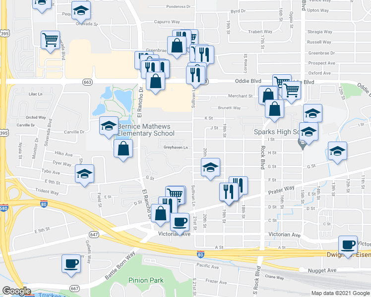 map of restaurants, bars, coffee shops, grocery stores, and more near 2127 Greyhaven Lane in Sparks