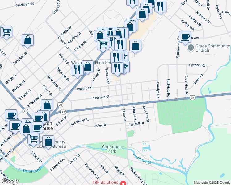 map of restaurants, bars, coffee shops, grocery stores, and more near 1017 Willard Street in Washington Court House
