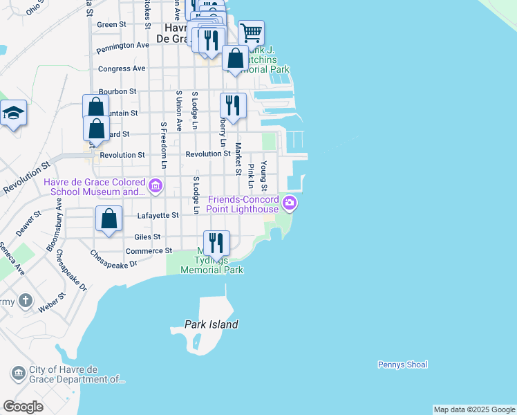 map of restaurants, bars, coffee shops, grocery stores, and more near 209 Lafayette Street in Havre de Grace