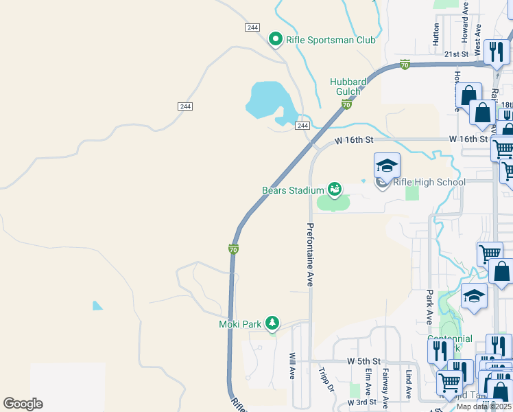 map of restaurants, bars, coffee shops, grocery stores, and more near Rifle Bypass in Rifle