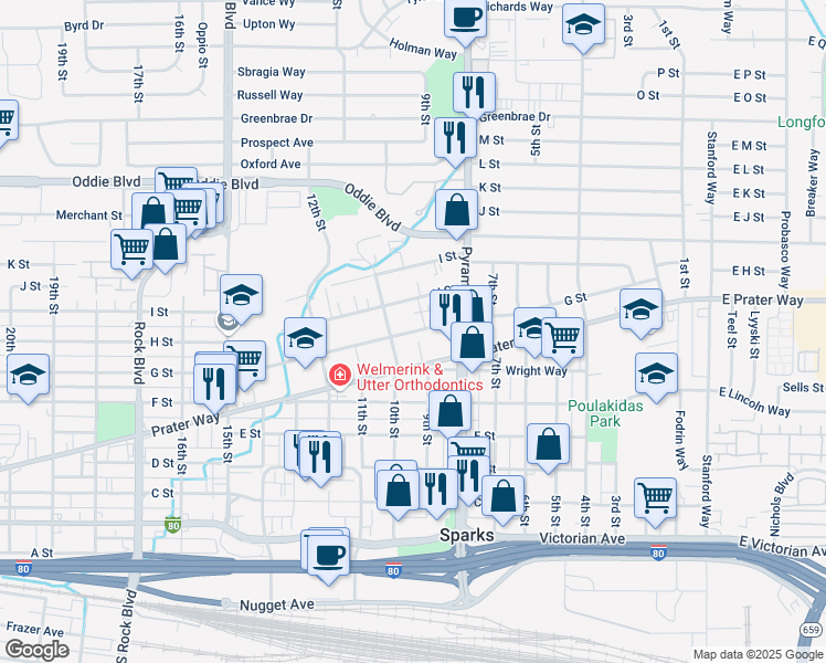 map of restaurants, bars, coffee shops, grocery stores, and more near 842 10th Street in Sparks