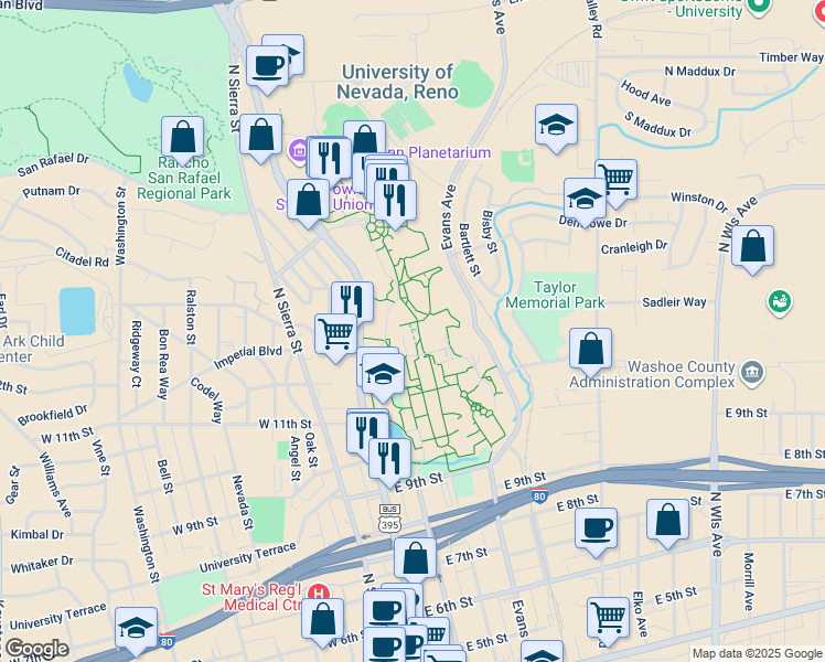 map of restaurants, bars, coffee shops, grocery stores, and more near in Reno