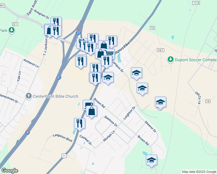 map of restaurants, bars, coffee shops, grocery stores, and more near 5308 Williamsport Pike in Martinsburg