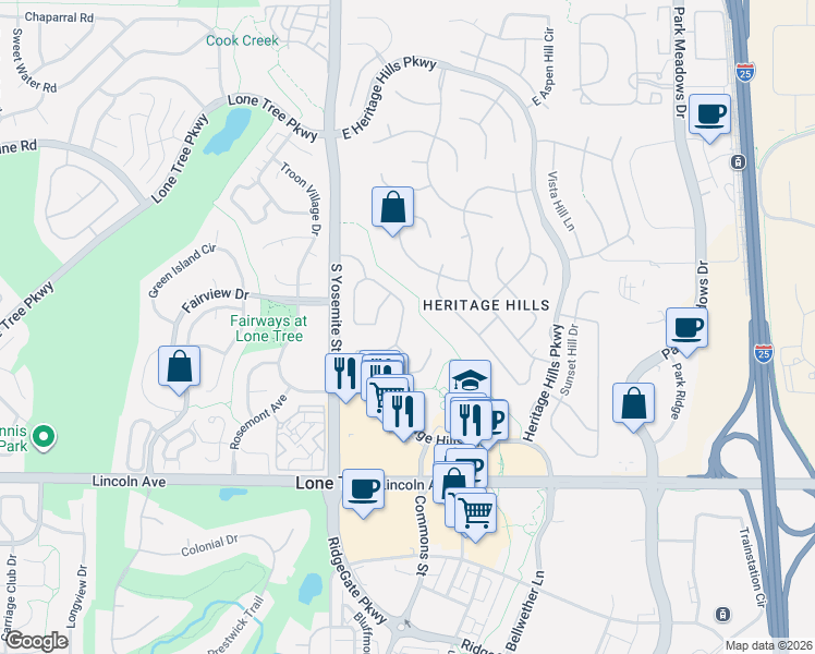 map of restaurants, bars, coffee shops, grocery stores, and more near 9621 Brook Hill Lane in Lone Tree